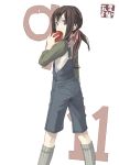  1girl apple brown_eyes brown_hair food fruit holding holding_fruit itsutsu original overalls solo 