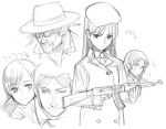  00s 2boys 2girls ak-47 assault_rifle gun gunslinger_girl hat monochrome multiple_boys multiple_girls petrushka rifle weapon yu_65026 