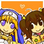  1boy 1girl anise_tatlin arc_system_works blonde_hair bridget_(guilty_gear) brown_eyes brown_hair crossover guilty_gear lowres orange_background power_connection tales_of_(series) tales_of_the_abyss tokunaga twintails 
