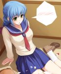  blue_hair cake clumsy falling food pastry satou_yoshimi school_uniform serafuku spill tripping tsuyokiss yellow_eyes 