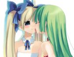  2girls blonde_hair blue_eyes green_hair kiss multiple_girls original ribbon sazaki_ichiri twintails yuri 