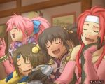  1boy 3girls anise_tatlin arche_klein blush bracelet closed_eyes drunk happy jewelry lowres multiple_girls norma_beatty pink_hair redhead tales_of_(series) tales_of_legendia tales_of_phantasia tales_of_symphonia tales_of_the_abyss tempyou_kango zelos_wilder 