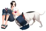  1girl black_eyes black_hair book denim dog feet jeans nagasawa_shin original pants 