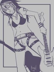  1girl bra guitar instrument katsh lingerie lowres monochrome naruto solo stratocaster tayuya underwear 