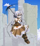  1girl belt blue_eyes boots bow dress female full_body hair_bow long_hair lowres mof mof&#039;s_silver_haired_twintailed_girl oekaki original outdoors ruins silver_hair sky solo twintails umbrella very_long_hair 