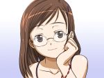 1girl bare_shoulders bracelet brown_eyes brown_hair collarbone glasses gradient gradient_background hair_ornament hairclip head_tilt jewelry looking_at_viewer purple_background rimless_glasses simple_background sleeveless smile solo white_background 