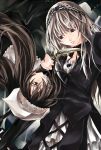  00s 2girls brown_hair eye_contact floating_hair green_eyes hair_over_one_eye hairband heterochromia knife long_hair looking_at_another looking_down looking_up multiple_girls open_mouth raid_slash red_eyes reverse_grip rotational_symmetry rozen_maiden sad silver_hair suigintou suiseiseki upside-down very_long_hair weapon 