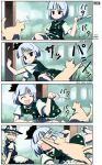  2girls 4koma blonde_hair blue_hair cat cat_teaser comic female hard_translated kirisame_marisa konpaku_youmu multiple_girls takahata_yuki touhou translation_request 