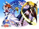  2girls bardiche belt blonde_hair bow cape copyright_name fate_testarossa gloves lyrical_nanoha magic_circle magical_girl mahou_shoujo_lyrical_nanoha mahou_shoujo_lyrical_nanoha_a&#039;s multiple_girls octagram okuda_yasuhiro raising_heart red_bow red_eyes redhead shoes takamachi_nanoha thigh-highs twintails violet_eyes wallpaper winged_shoes wings 