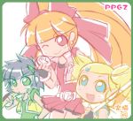  3girls ;) akazutsumi_momoko belt black_hair blonde_hair blue_eyes border bow drill_hair goutokuji_miyako green_eyes hair_bow hyper_blossom looking_at_viewer lowres matsubara_kaoru multiple_girls one_eye_closed orange_hair pleated_skirt ponytail powered_buttercup powerpuff_girls powerpuff_girls_z red_bow red_eyes red_skirt rolling_bubbles skirt smile spiky_hair twin_drills twintails vest 