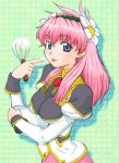  00s 1girl blue_eyes blush bowl breasts broccoli_(company) cake_batter cooking flower galaxy_angel impossible_clothes large_breasts long_hair looking_at_viewer milfeulle_sakuraba pink_hair puffy_sleeves solo tongue tongue_out whiff 