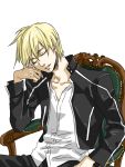 1boy animated animated_gif blonde_hair casual chair chin_rest closed_eyes fate/stay_night fate_(series) gilgamesh green_upholstery male_focus red_eyes sitting sleeping smirk smug solo 