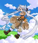 1girl belt bloomers blue_eyes boots bow clouds dress female full_body hair_bow long_hair long_sleeves lowres mof mof&#039;s_silver_haired_twintailed_girl oekaki original outdoors silver_hair sky solo twintails underwear very_long_hair weapon 
