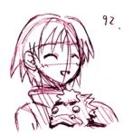  .hack// 1girl a-20 a-20_(.hack//) bandai closed_eyes creature cyber_connect_2 hack lowres monochrome short_hair sketch smile solo upper_body white_background yuura_shiu 