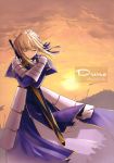  1girl ahoge armor blonde_hair closed_eyes cover cover_page doujinshi fate/stay_night fate_(series) highres hug saber scan shingo_(missing_link) solo sunset sword weapon wind 