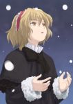  1girl alice_margatroid blonde_hair capelet female hairband haniwa haniwa_(leaf_garden) short_hair snow snow_(weather) snowing solo touhou 