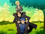  3boys bangs blonde_hair brown_hair fate/hollow_ataraxia fate/stay_night fate_(series) game_cg gilgamesh grass human_tower kotomine_kirei lancer male_focus multiple_boys parody parted_bangs stacking 