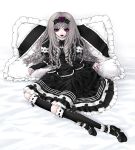  1girl bangs bed black_dress black_legwear black_shoes cross_print dress drill_hair expressionless flower frilled_legwear full_body gothic gothic_lolita hair_flower hair_ornament hair_ribbon high_heels kneehighs kunishige_keiichi lipstick lolita_fashion long_hair long_legs long_sleeves looking_at_viewer makeup nocturne nocturne_(kunishige_keiichi) original pillow platform_footwear print_legwear ribbon ribbon-trimmed_legwear ribbon_trim shoes solo 