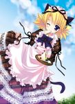  1girl alternate_costume animal_ears apron blonde_hair cake cat_ears cat_tail chimaro dress eating food frills one_eye_closed sandwich sasamori_karin solo tail to_heart_2 twintails wink 