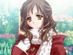  1girl brown_eyes brown_hair carnelian coat flower gloves half_updo light_smile long_hair looking_at_viewer messiah_(game) scarf smile solo upper_body white_gloves white_scarf yellow_eyes 
