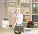  1girl apron blonde_hair clerk indoors lowres naruto ponytail shop solo teramoto_kei thigh-highs yamanaka_ino zettai_ryouiki 