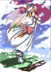  1girl blonde_hair bow brown_eyes capelet cliff dress female grass hat hat_bow lily_white long_hair long_sleeves looking_at_viewer looking_back outdoors plant red_bow see-through sho_(runatic_moon) sleeveless sleeveless_dress smile solo standing touhou veil very_long_hair white_dress wind 