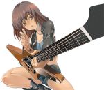  1girl boots breasts brown_eyes brown_hair cigarette explorer_(guitar) guitar instrument jewelry necklace open_mouth perspective shihira_tatsuya short_hair shorts smoking solo 