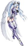  1girl angel armor blue_hair boots mecha_musume ophelia_buckingham purple_boots short_twintails solo tanaka_takayuki tempest_(game) thigh-highs twintails warrior white_hair wings 