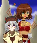  .hack// .hack//sign 00s 1boy 1girl :d :o bandai blue_sky brown_hair cyber_connect_2 dark_skin facial_mark green_eyes hack hat lowres mimiru mimiru_(.hack//) navel open_mouth poorly_drawn rock short_hair silver_hair sky smile tattoo tsukasa_(.hack//) upper_body violet_eyes 