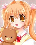  long_hair lowres orange_hair stuffed_animal stuffed_toy teddy_bear twintails yellow_eyes 