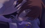  1boy 1girl blush brown_hair couple fingerless_gloves gloves hetero kiss kratos_aurion lowres refill_sage silver_hair tales_of_(series) tales_of_symphonia 