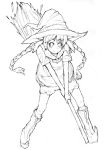  1girl broom broom_riding hat monochrome original shuzoku_fumei simple_background solo witch_hat 