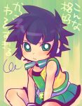  1girl annoyed black_hair bright_pupils earrings green_background green_eyes green_shirt green_skirt jacket jewelry looking_at_viewer lowres matsubara_kaoru messy_hair powered_buttercup powerpuff_girls powerpuff_girls_z shirt short_hair sitting skirt solo translation_request yellow_background 