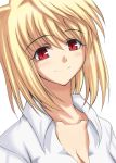  00s 1girl arcueid_brunestud blonde_hair breasts cleavage collarbone looking_at_viewer red_eyes shirt short_hair slit_pupils smile solo tsukihime upper_body white_background white_shirt 