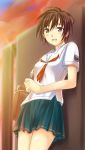  1girl bag big_wednesday bookbag brown_eyes brown_hair kimi_kiss open_mouth sakino_asuka school_uniform serafuku smile solo 