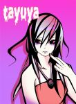  1girl artist_request character_name gradient gradient_background long_hair looking_to_the_side middle_finger monochrome naruto pink pink_background pink_hair purple_background red_eyes red_shirt shirt sleeveless sleeveless_shirt solo tayuya upper_body 