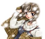  1girl blue_eyes brown_hair kanon looking_at_viewer misaka_shiori plaid shawl shirt short_hair simple_background smile snow snowing solo sweater takahashi_ren upper_body white_background white_shirt 