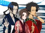  &gt;:( &gt;:) &gt;:d 00s 1girl 2boys :d frown fuu glasses japanese_clothes jinnosuke kurafuji_sachi middle_finger mugen multiple_boys open_mouth samurai_champloo smile v 