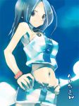  1girl armpits bangs belt blue blue_background blue_hair bracelet breasts brown_eyes character_name cowboy_shot crop_top eureka_seven eureka_seven_(series) eyebrows eyebrows_visible_through_hair facial_mark hands_on_hips jewelry kei_(keigarou) large_breasts long_hair looking_at_viewer midriff miniskirt navel pendant skirt sleeveless smile solo stomach swept_bangs talho_yuuki text upskirt 