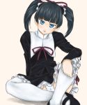  1girl black_hair blue_eyes blue_panties coyote_ragtime_show gothic_lolita lolita_fashion march march_(coyote_ragtime_show) mary_janes panties pantyshot pantyshot_(sitting) shoes sitting solo striped striped_panties thigh-highs twintails underwear white_legwear 