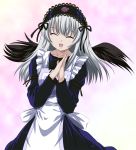  00s apron closed_eyes happy long_hair maid_apron rozen_maiden silver_hair suigintou wings 