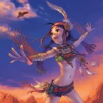  1girl :d bell bird breasts clouds denim denim_shorts jingle_bell lowres navel nishimura_eri open_mouth original outstretched_arms shorts sky small_breasts smile solo spread_arms teenage under_boob 