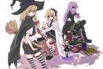  3girls alice_margatroid black_cape black_hat blonde_hair blue_eyes book book_stack bow broom crescent doll female frilled_skirt frills glasses gothic hair_bow hairband hat holding holding_book kirisame_marisa long_hair looking_at_viewer mary_janes multiple_girls patchouli_knowledge ponytail puppet purple_hair red_string shoes simple_background sitting skirt string striped striped_legwear tadano_kagekichi thigh-highs touhou witch_hat yellow_eyes 