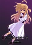  00s 1girl ahoge arisa_bannings dress frown full_body green_eyes half-closed_eyes loafers long_hair long_sleeves lyrical_nanoha mahou_shoujo_lyrical_nanoha purple_background sad shoes simple_background socks solo tsukigami_runa very_long_hair white_dress white_legwear 