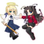  2girls angel angel_and_devil blonde_hair chibi demon devil fate/stay_night fate_(series) multiple_girls pantyhose pin.x saber shinai sword tail tohsaka_rin turtleneck weapon wings 