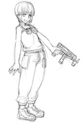  00s 1girl full_body gun gunslinger_girl machine_pistol monochrome rico scorpion simple_background sketch skorpion skorpion_vz._61 solo submachine_gun vz61 weapon yu_65026 