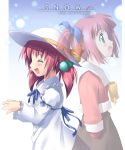  antenna_hair back-to-back blush closed_eyes dual_persona green_eyes hat kantoku pink_hair short_twintails snow_(game) twintails wakou_ouka 