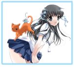  1girl bent_over black_hair border cat fruits_basket hair_ribbon honda_tooru long_hair mouse rat ribbon school_uniform serafuku souma_kyou souma_yuki 