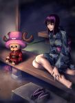  1girl barefoot black_hair female fireworks fuzzy_hat hat japanese_clothes kimono nico_robin one_piece pink_hat porch reindeer sandals sitting smile tony_tony_chopper top_hat yukata 