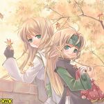  2girls :3 asura_fantasy_online autumn autumn_leaves blonde_hair doll gloves green_eyes headband kuga_tsukasa leaf long_hair lowres maple_leaf multiple_girls omc short_hair smile soft_colors 